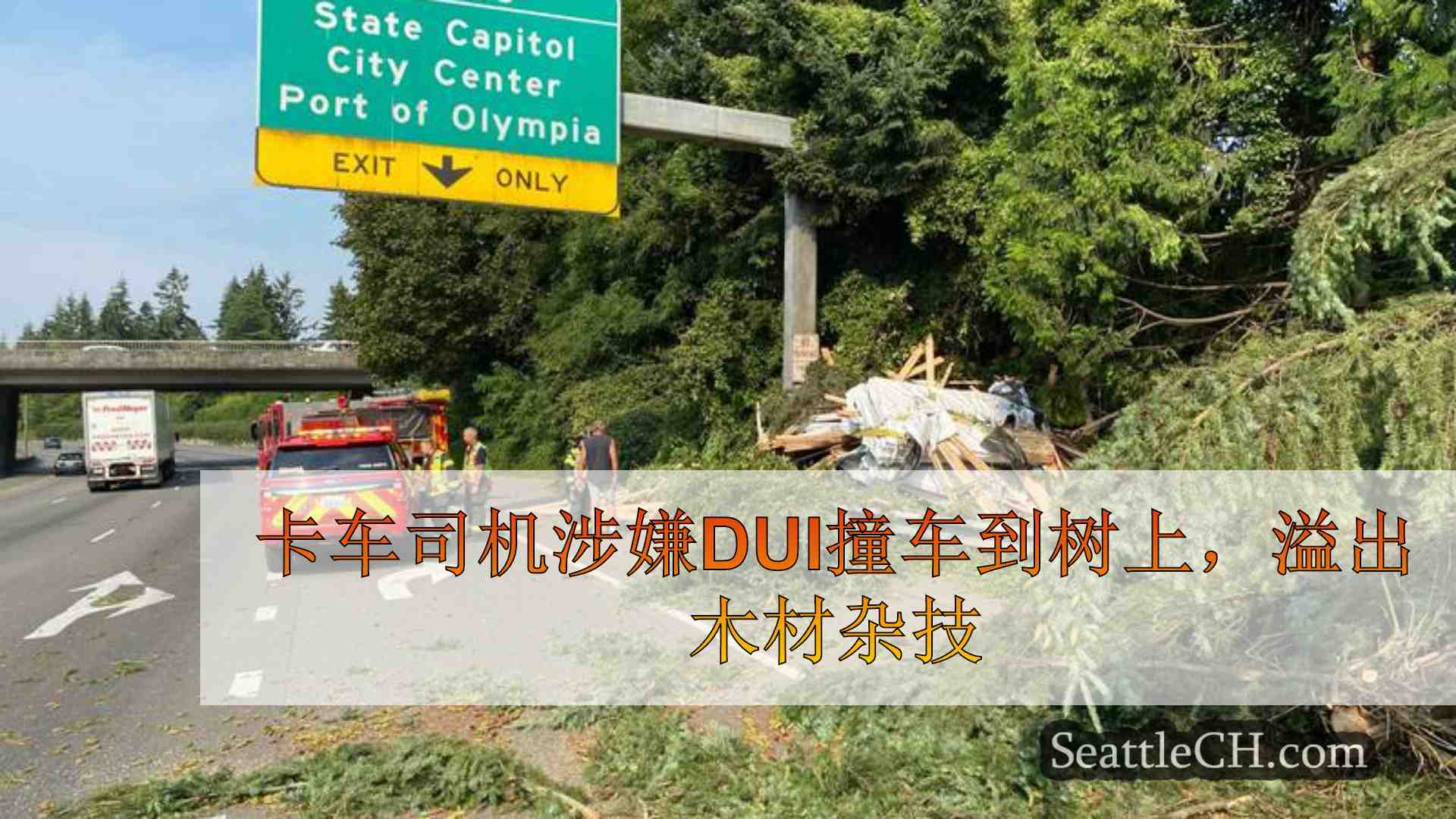卡车司机涉嫌DUI坠毁到树上，在奥林匹亚的I-5上溢出木材