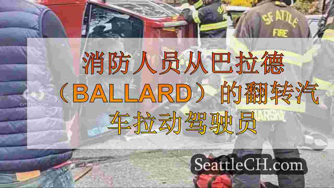 消防人员从巴拉德（Ballard）的翻转汽车拉动驾驶员