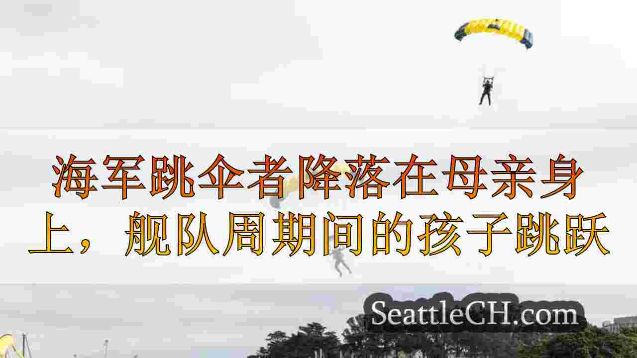 海军跳伞者降落在母亲身上，舰队周期间的孩子跳跃