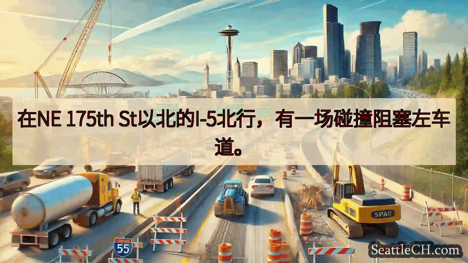 西雅图交通新闻 在NE 175th St以北的I-5北行，有一场碰撞阻塞左车道。