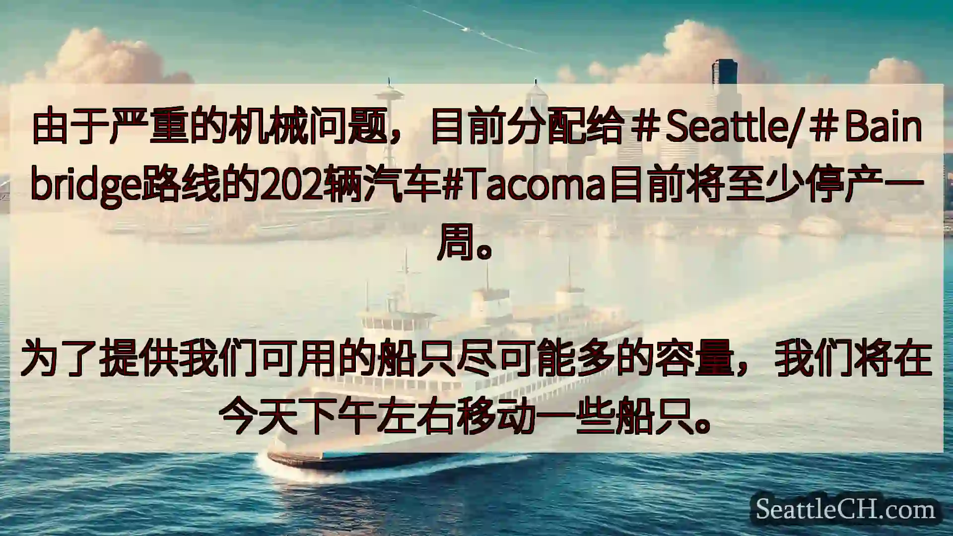 西雅图渡轮新闻 由于严重的机械问题，目前分配给＃Seattle/＃Bainbridge
