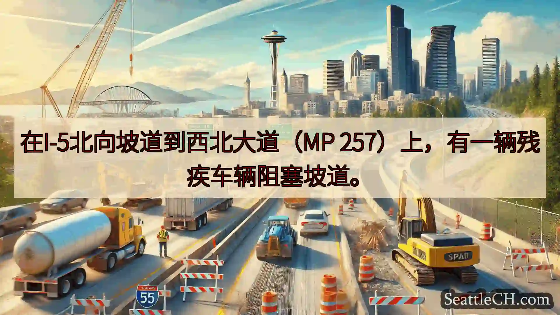 西雅图交通新闻 在I-5北向坡道到西北大道（MP 257）上，有一辆残疾车辆阻塞坡道。