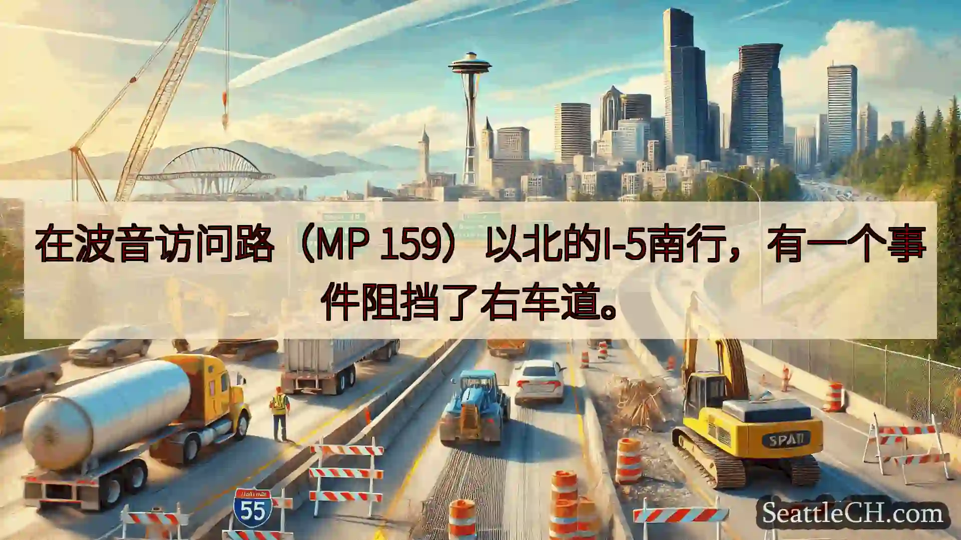 西雅图交通新闻 在波音访问路（MP 159）以北的I-5南行，有一个事件阻挡了右车道。