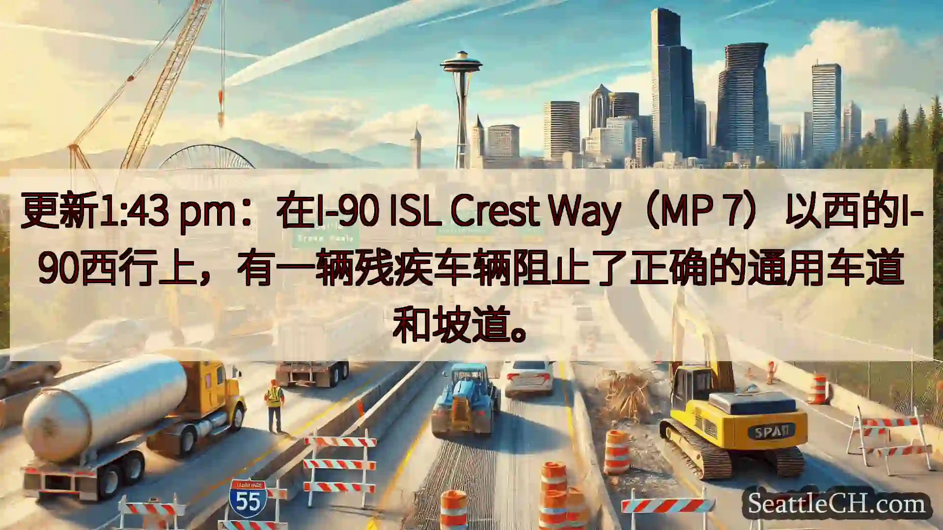 西雅图交通新闻 更新1:43 pm：在I-90 ISL Crest Way（MP