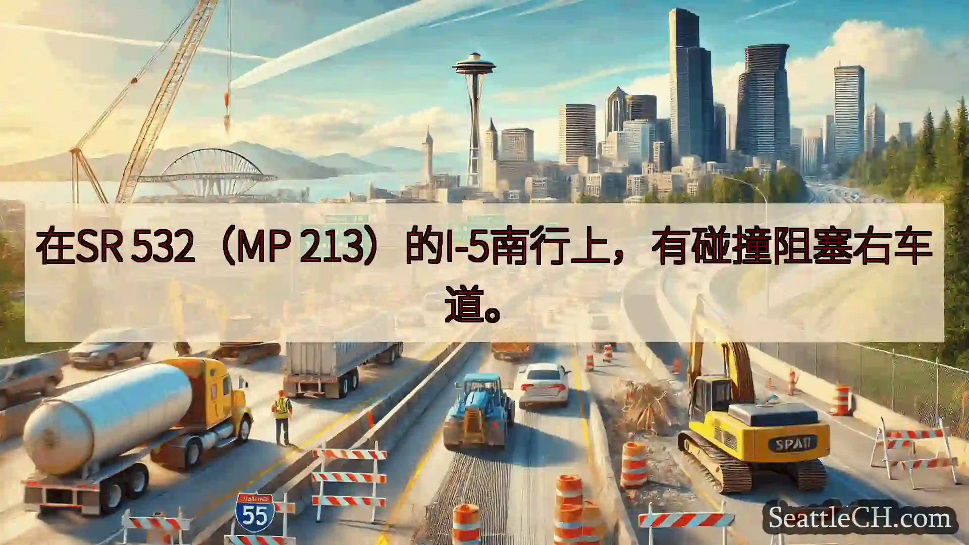 西雅图交通新闻 在SR 532（MP 213）的I-5南行上，有碰撞阻塞右车道。