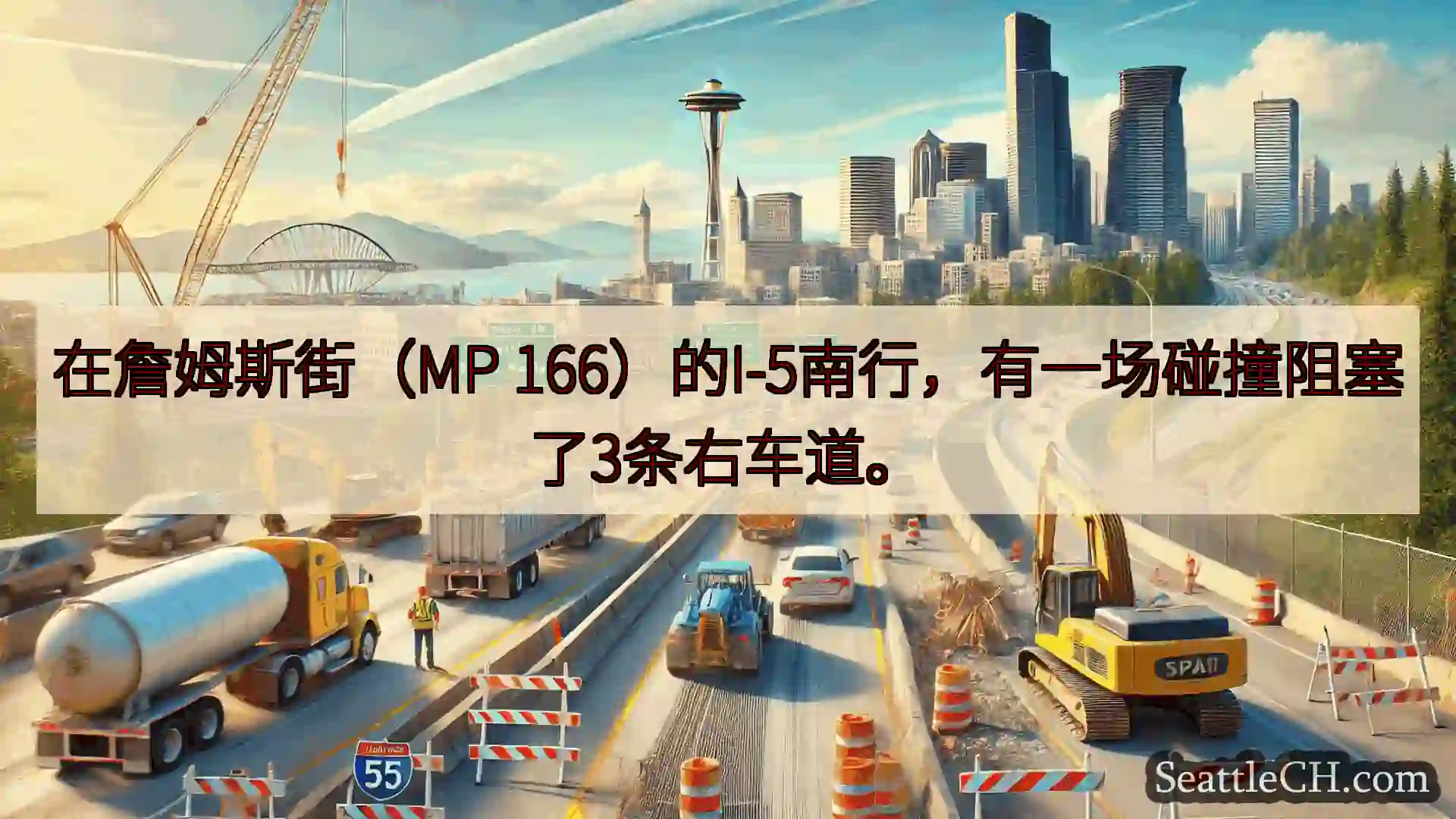 西雅图交通新闻 在詹姆斯街（MP 166）的I-5南行，有一场碰撞阻塞了3条右车道。