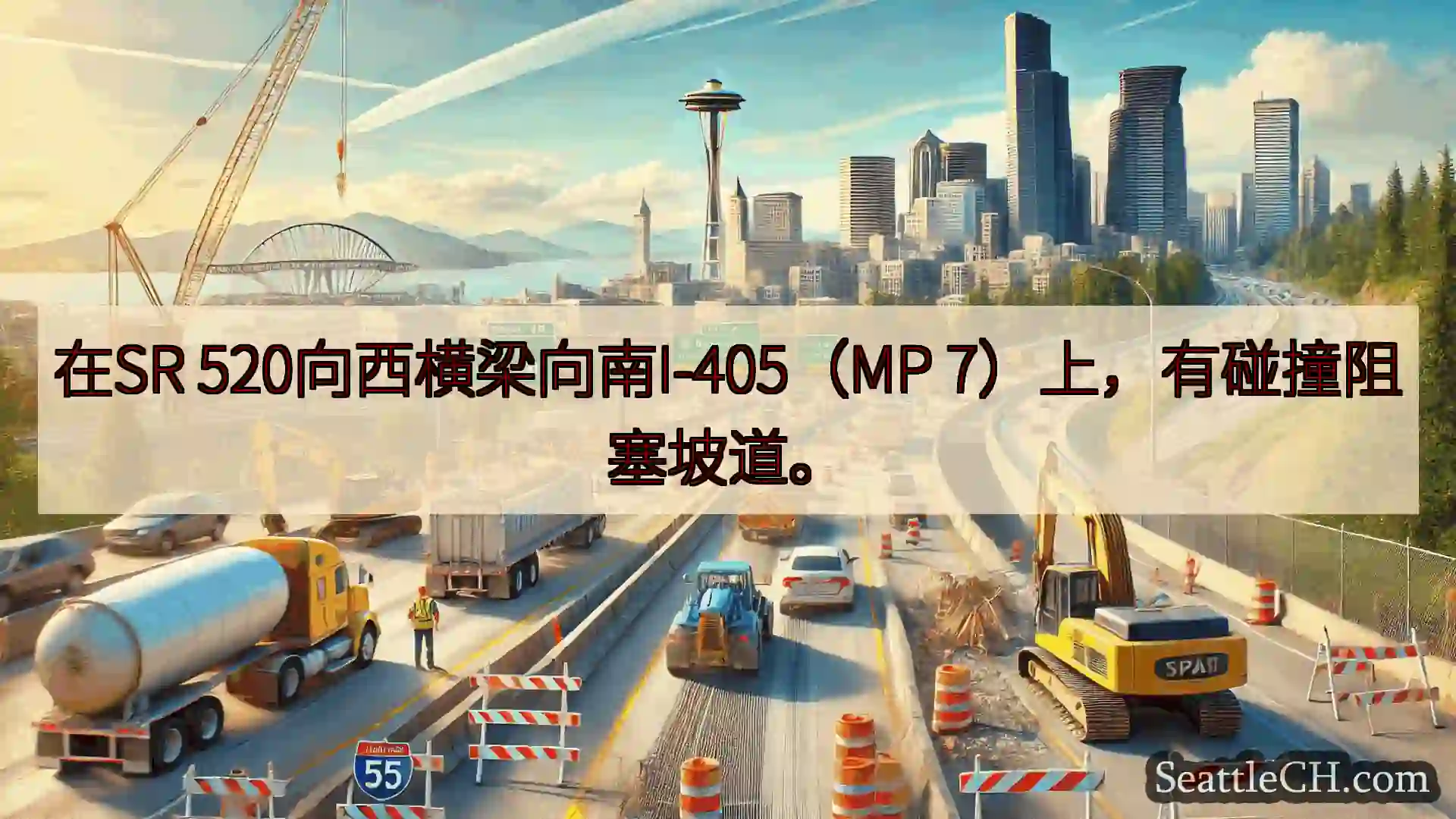 西雅图交通新闻 在SR 520向西横梁向南I-405（MP 7）上，有碰撞阻塞坡道。