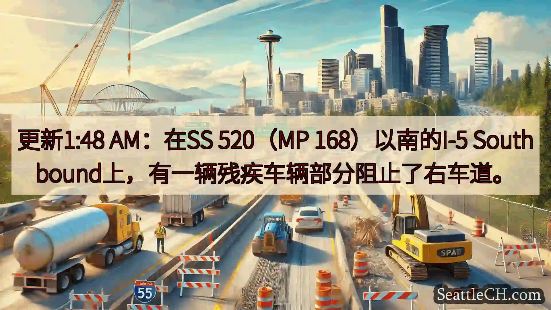 西雅图交通新闻 更新1:48 AM：在SS 520（MP 168）以南的I-5