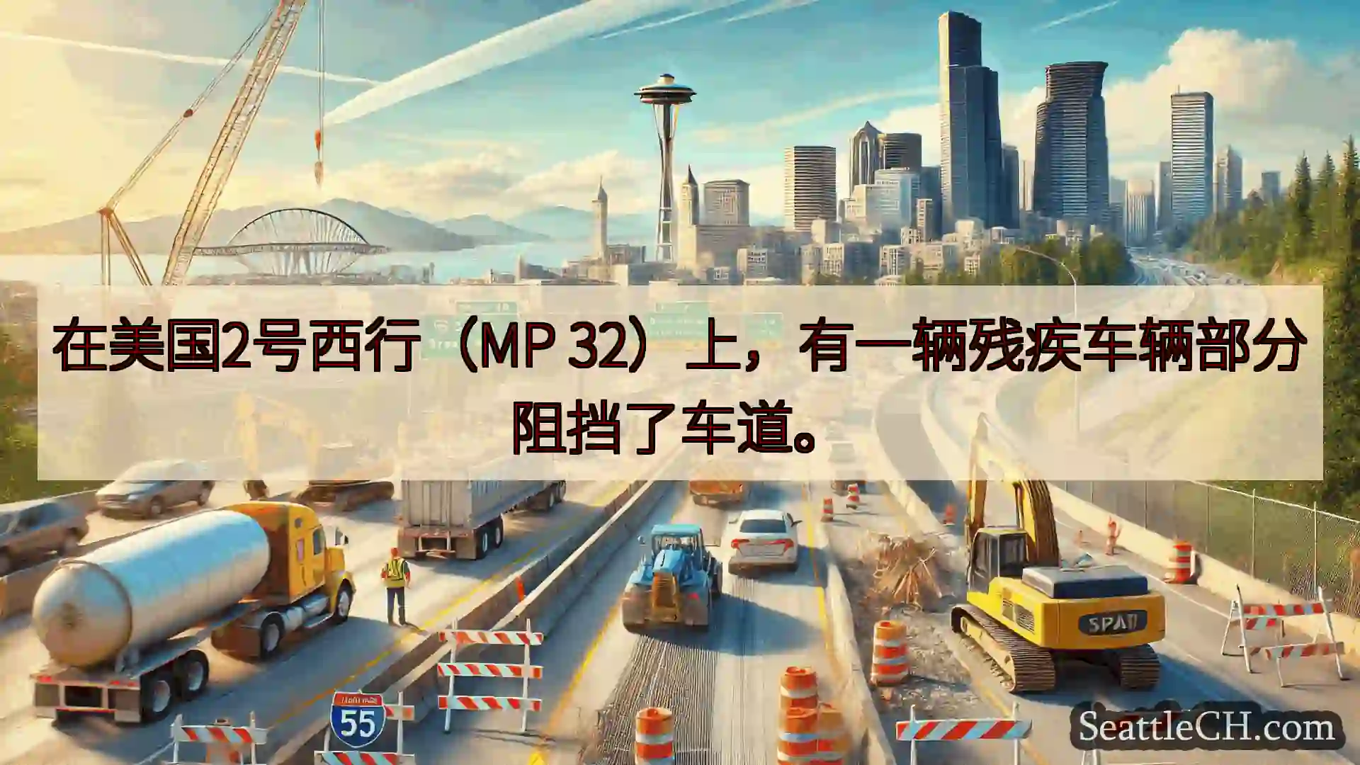 西雅图交通新闻 在美国2号西行（MP 32）上，有一辆残疾车辆部分阻挡了车道。