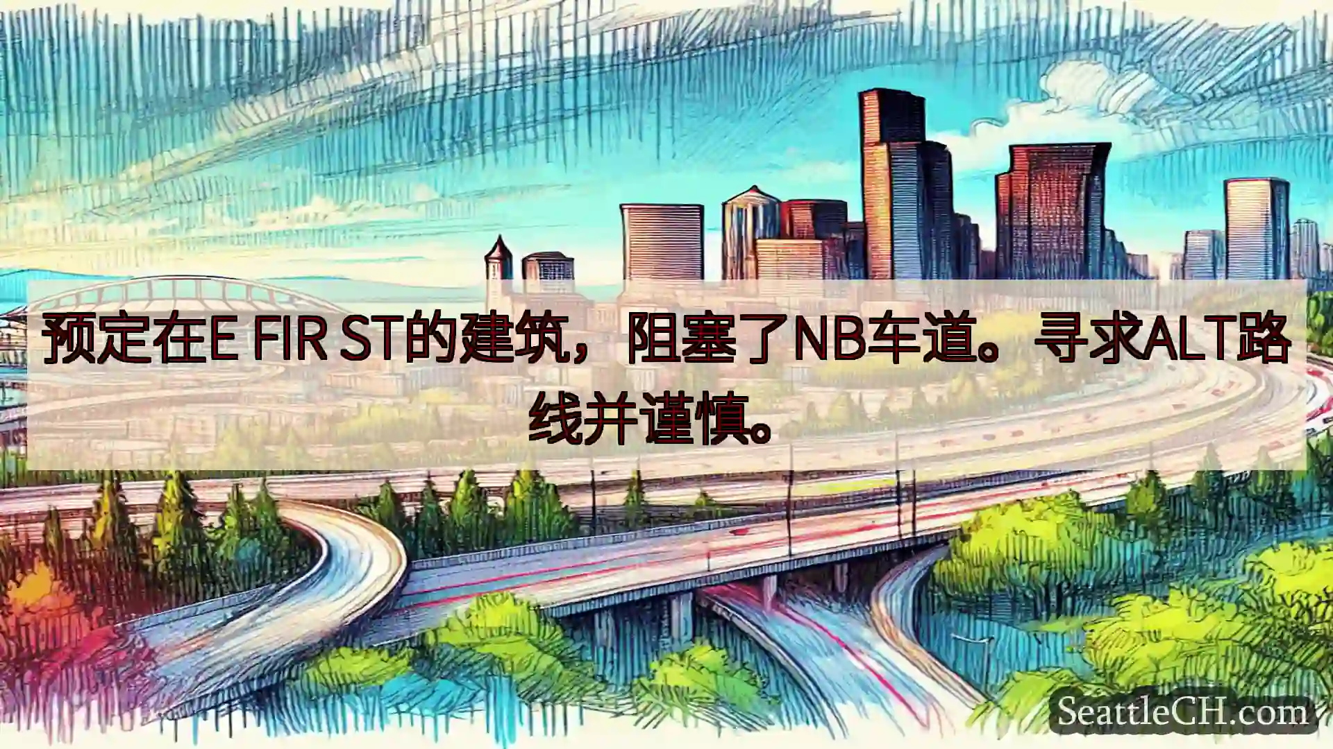 西雅图交通新闻 预定在E FIR ST的建筑，阻塞了NB车道。寻求ALT路线并谨慎。