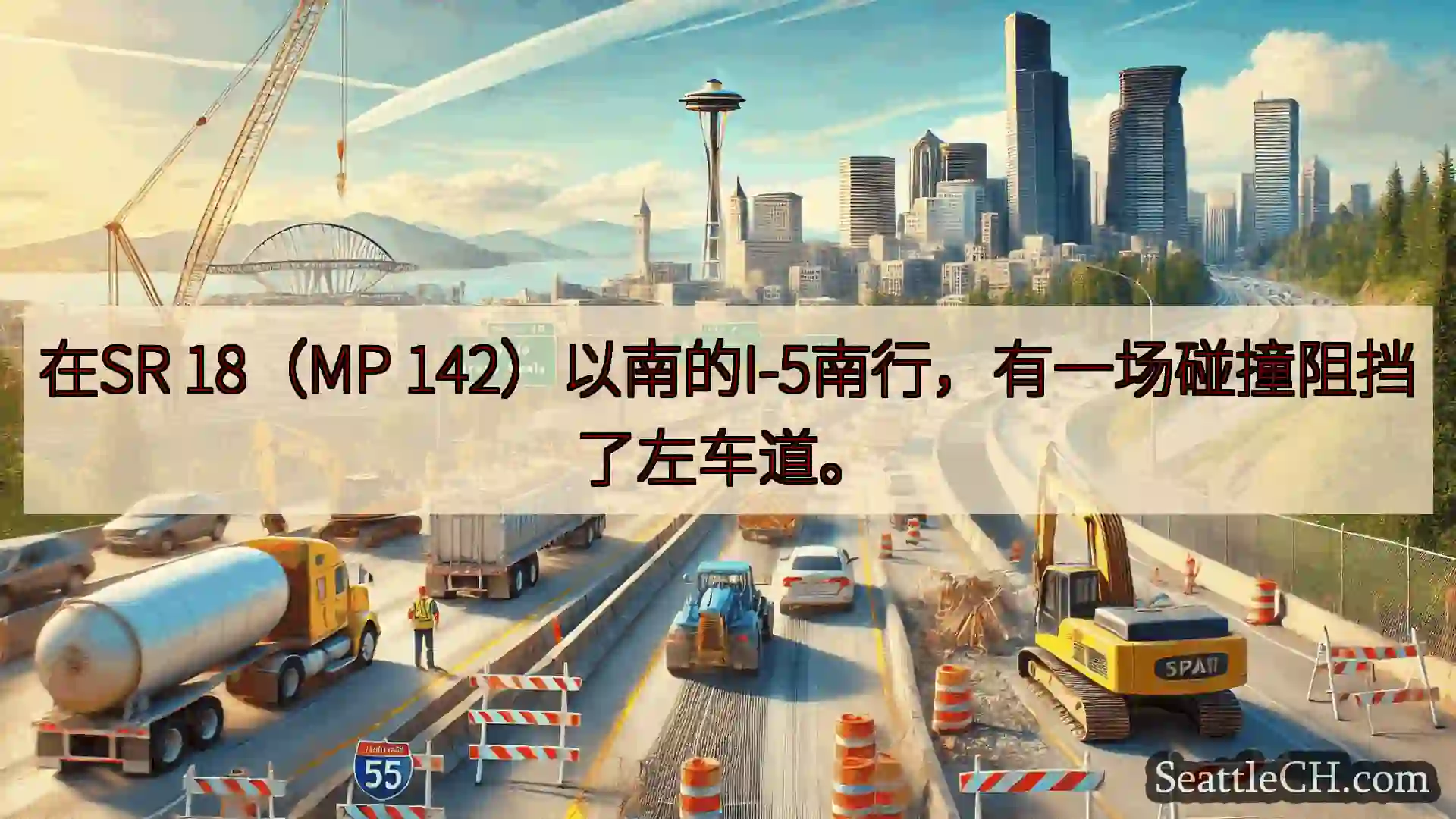 西雅图交通新闻 在SR 18（MP 142）以南的I-5南行，有一场碰撞阻挡了左车道。