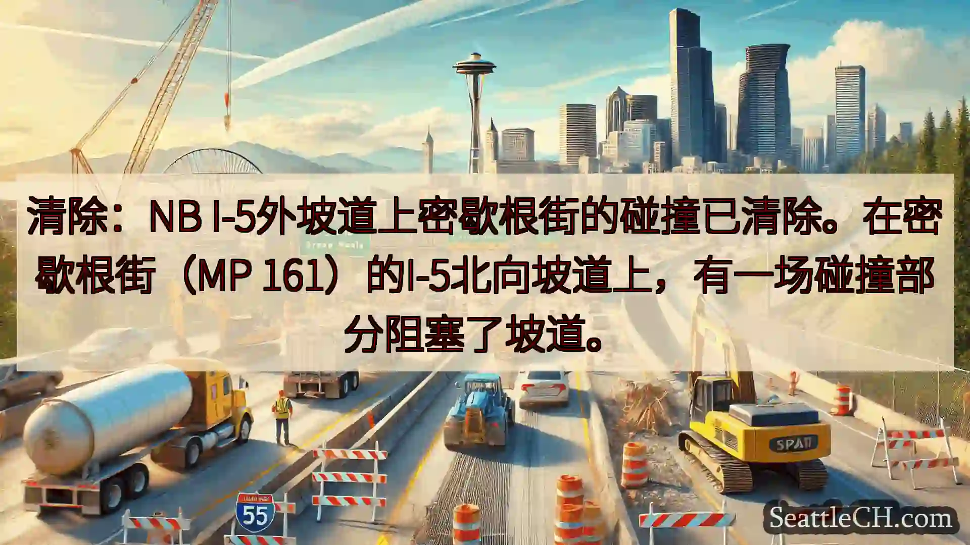 西雅图交通新闻 清除：NB I-5外坡道上密歇根街的碰撞已清除。在密歇根街（MP