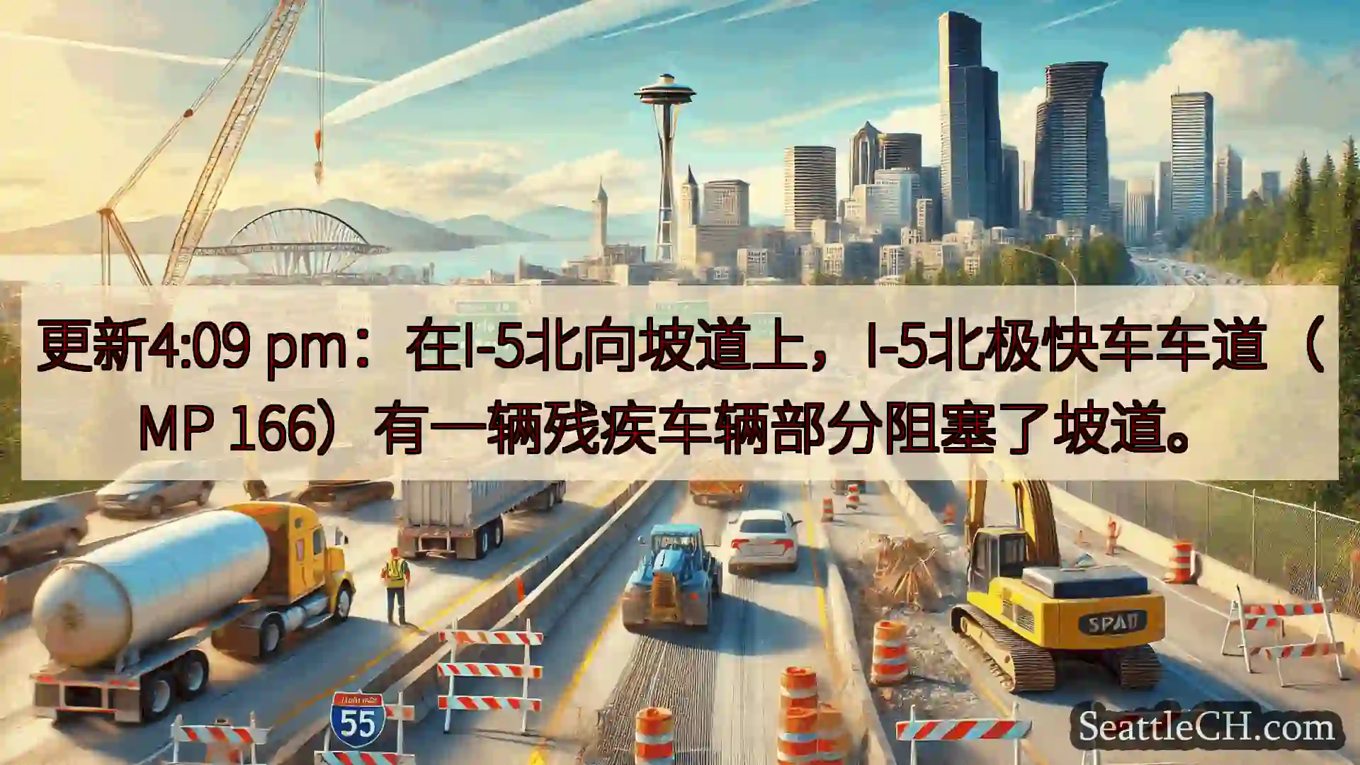 西雅图交通新闻 更新4:09 pm：在I-5北向坡道上，I-5北极快车车道（MP