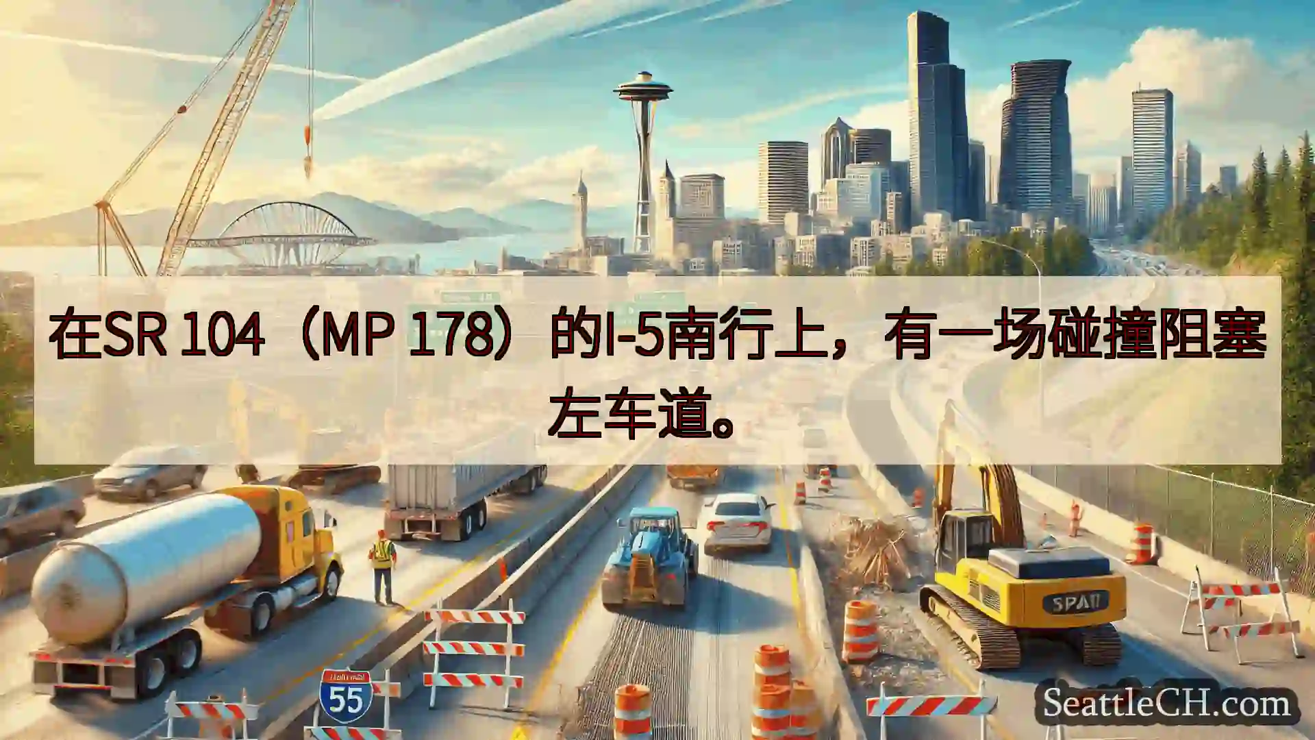 西雅图交通新闻 在SR 104（MP 178）的I-5南行上，有一场碰撞阻塞左车道。