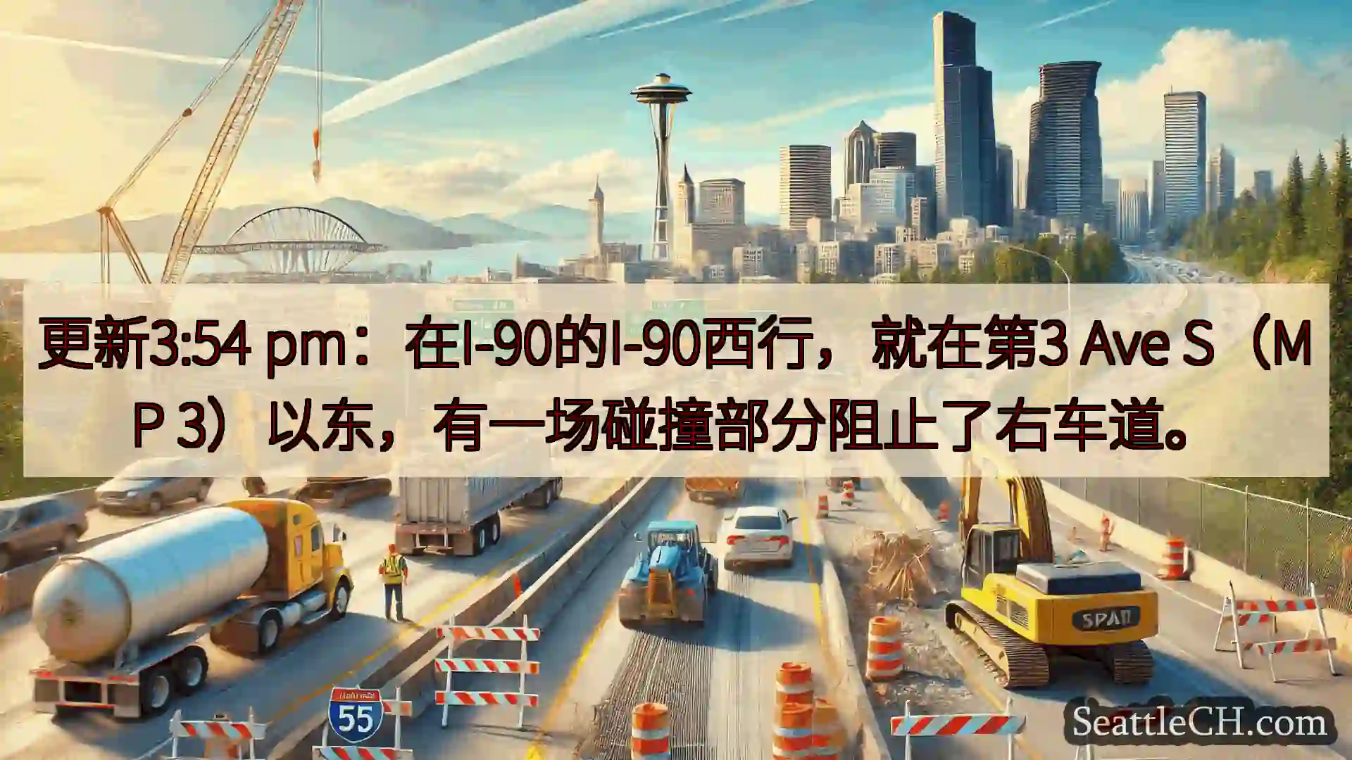 西雅图交通新闻 更新3:54 pm：在I-90的I-90西行，就在第3 Ave