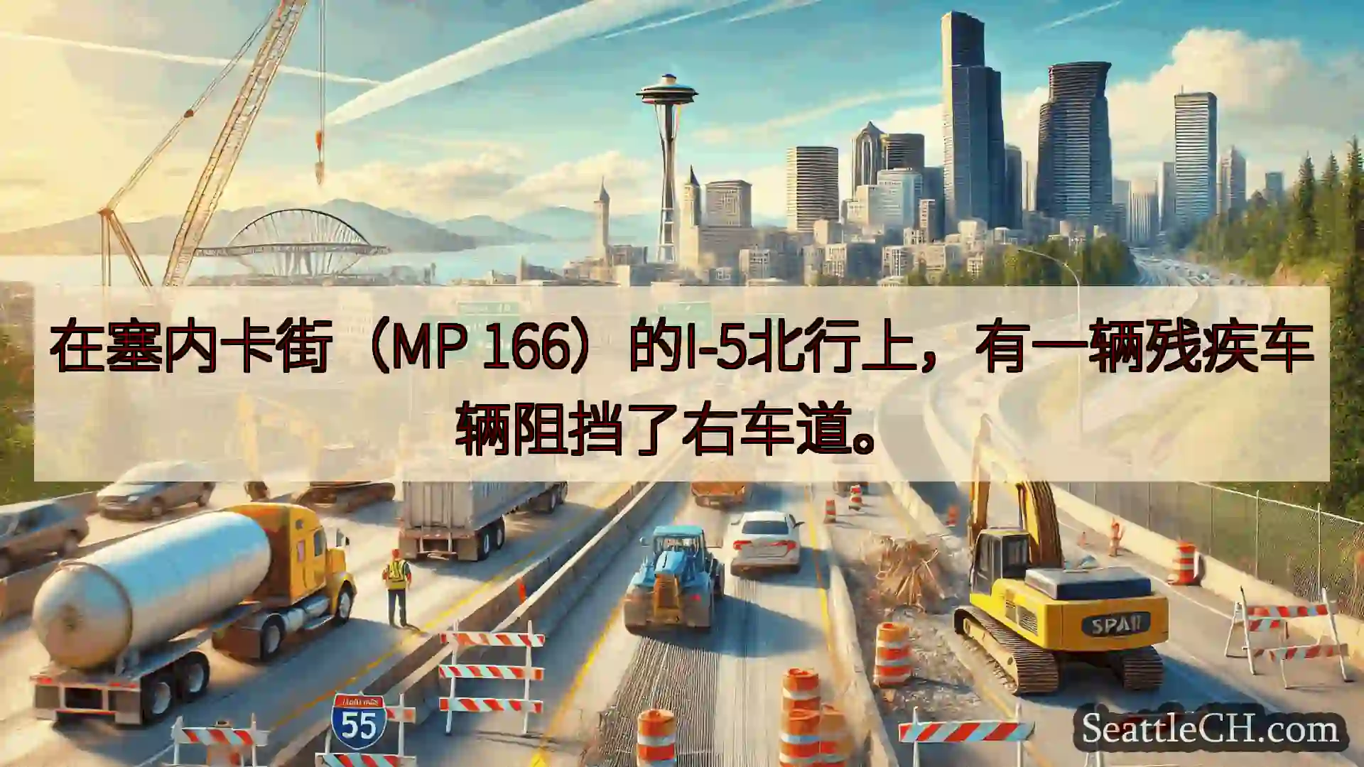 西雅图交通新闻 在塞内卡街（MP 166）的I-5北行上，有一辆残疾车辆阻挡了右车道。