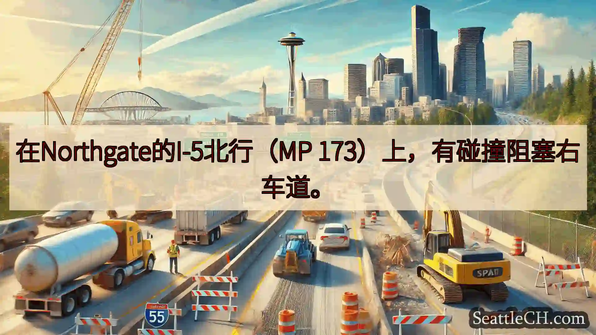 西雅图交通新闻 在Northgate的I-5北行（MP 173）上，有碰撞阻塞右车道。
