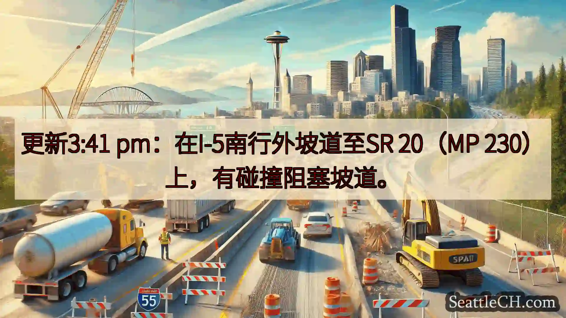 西雅图交通新闻 更新3:41 pm：在I-5南行外坡道至SR 20（MP