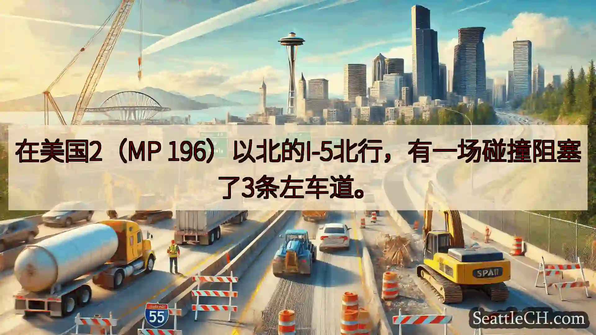 西雅图交通新闻 在美国2（MP 196）以北的I-5北行，有一场碰撞阻塞了3条左车道。
