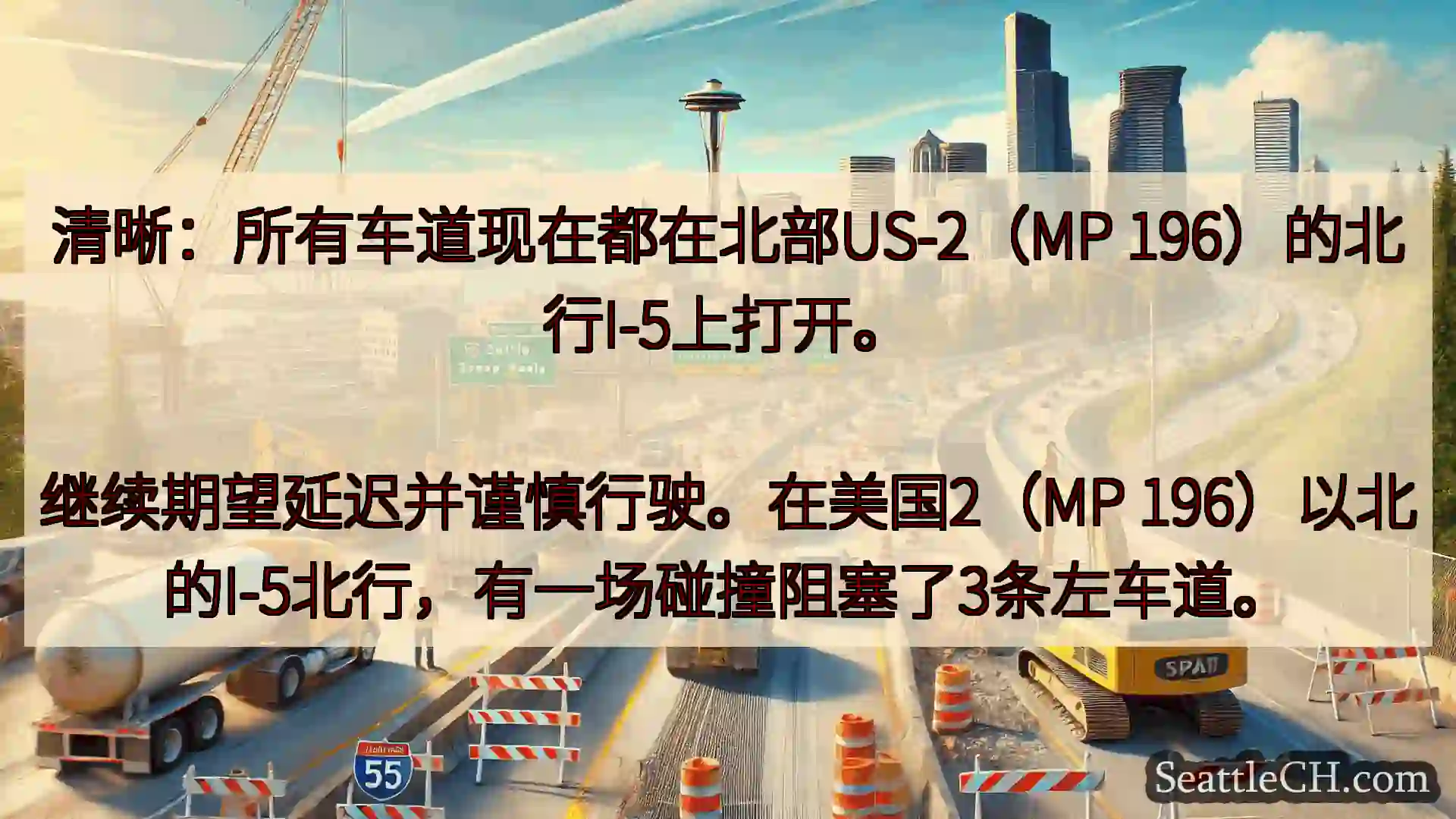 西雅图交通新闻 清晰：所有车道现在都在北部US-2（MP 196）的北行I-5上打开。