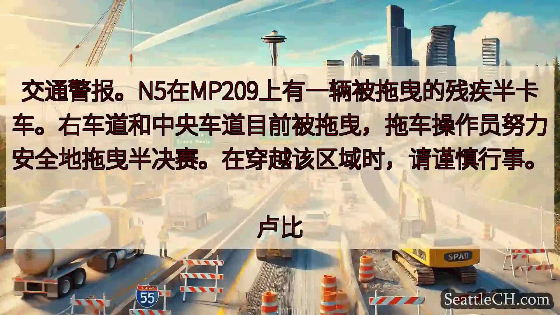 西雅图交通新闻 交通警报。N5在MP209上有一辆被拖曳的残疾半卡车。右车道和中央车道