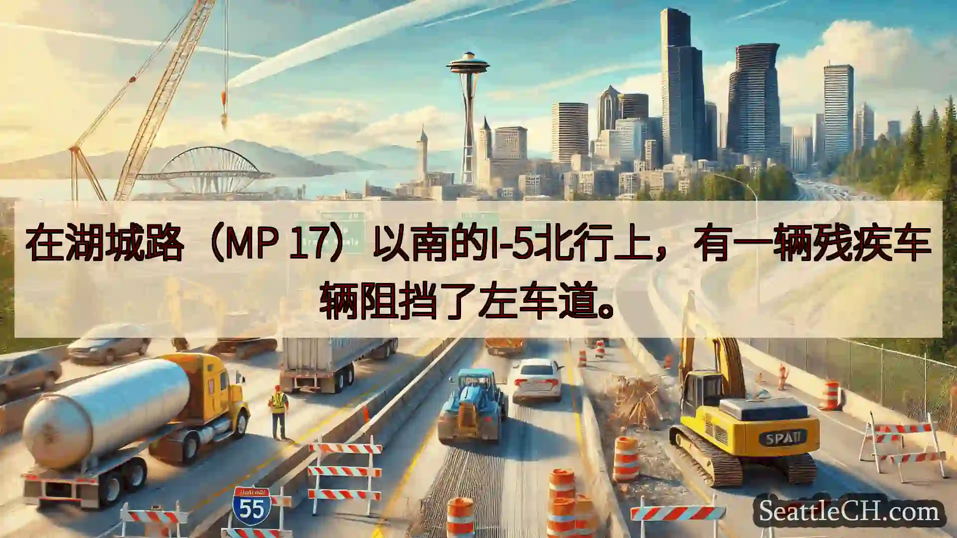 西雅图交通新闻 在湖城路（MP 17）以南的I-5北行上，有一辆残疾车辆阻挡了左车道。