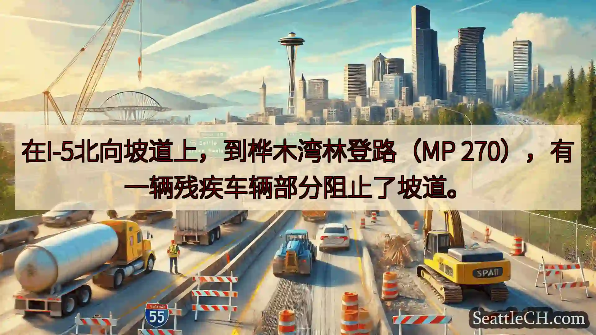 西雅图交通新闻 在I-5北向坡道上，到桦木湾林登路（MP