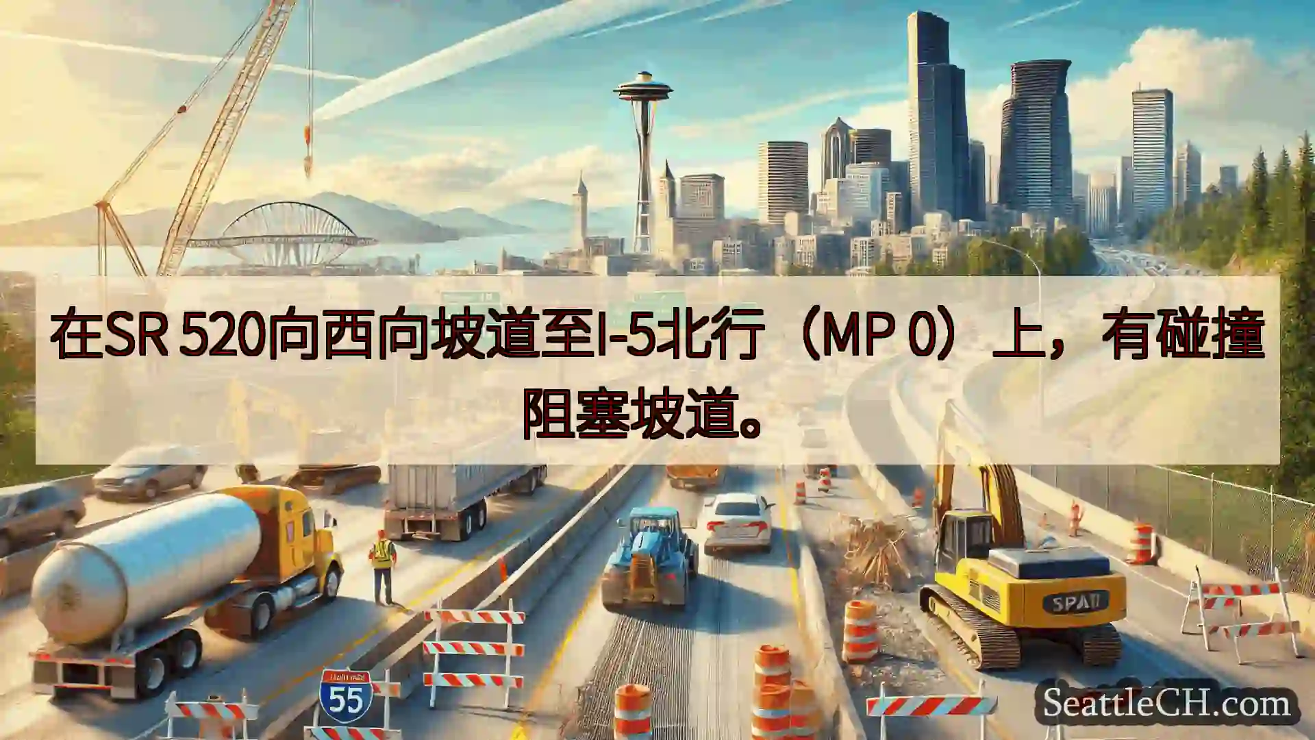 西雅图交通新闻 在SR 520向西向坡道至I-5北行（MP 0）上，有碰撞阻塞坡道。