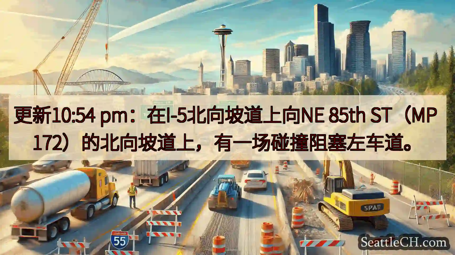 西雅图交通新闻 更新10:54 pm：在I-5北向坡道上向NE 85th ST（MP
