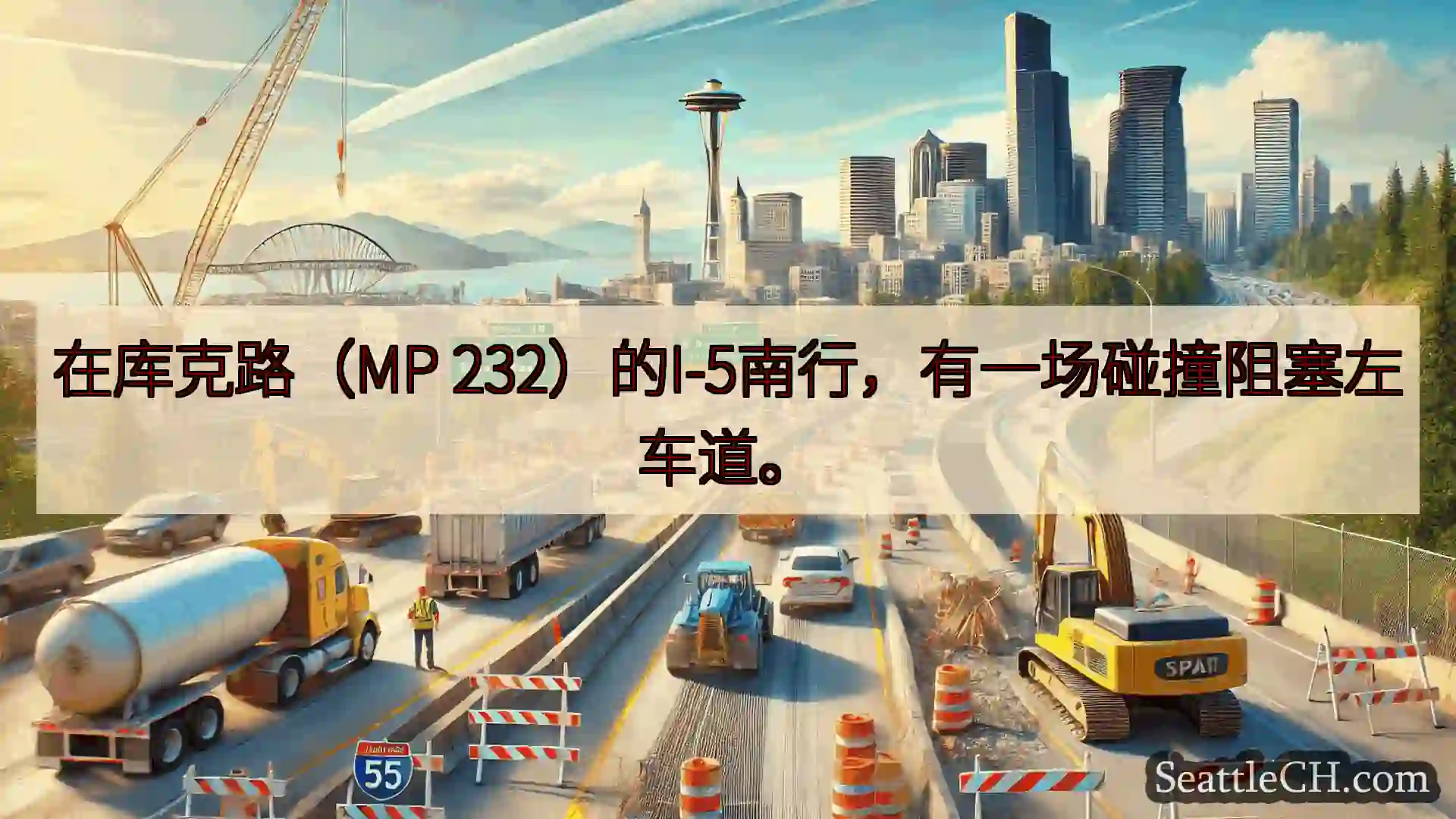 西雅图交通新闻 在库克路（MP 232）的I-5南行，有一场碰撞阻塞左车道。