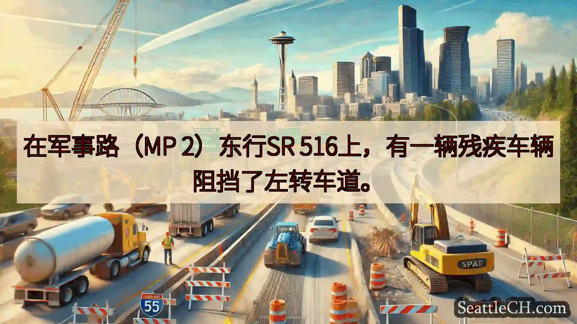 西雅图交通新闻 在军事路（MP 2）东行SR 516上，有一辆残疾车辆阻挡了左转车道。