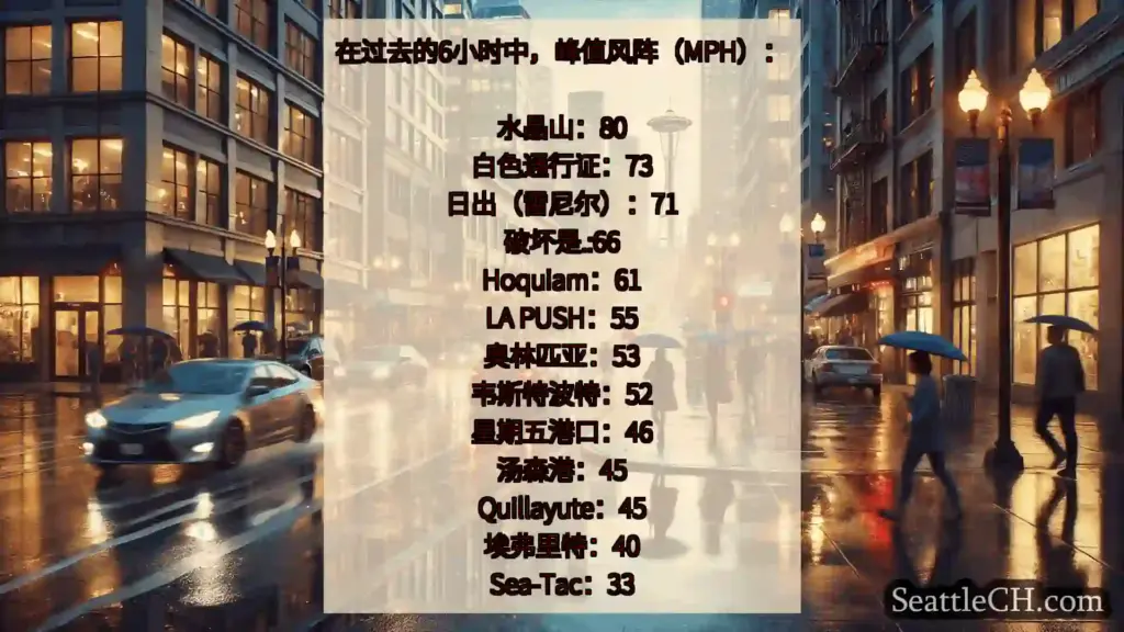 西雅图天气新闻 在过去的6小时中，峰值风阵（MPH）：