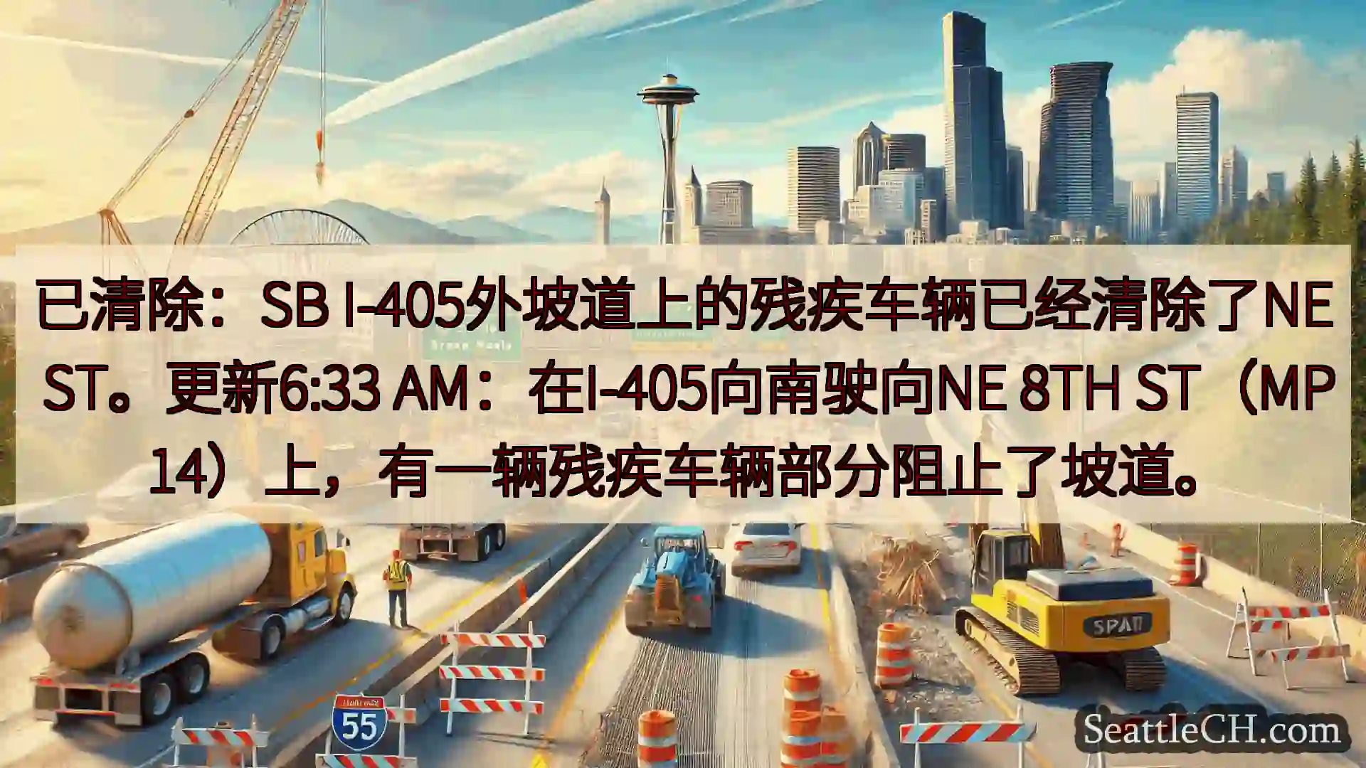 西雅图交通新闻 已清除：SB I-405外坡道上的残疾车辆已经清除了NE
