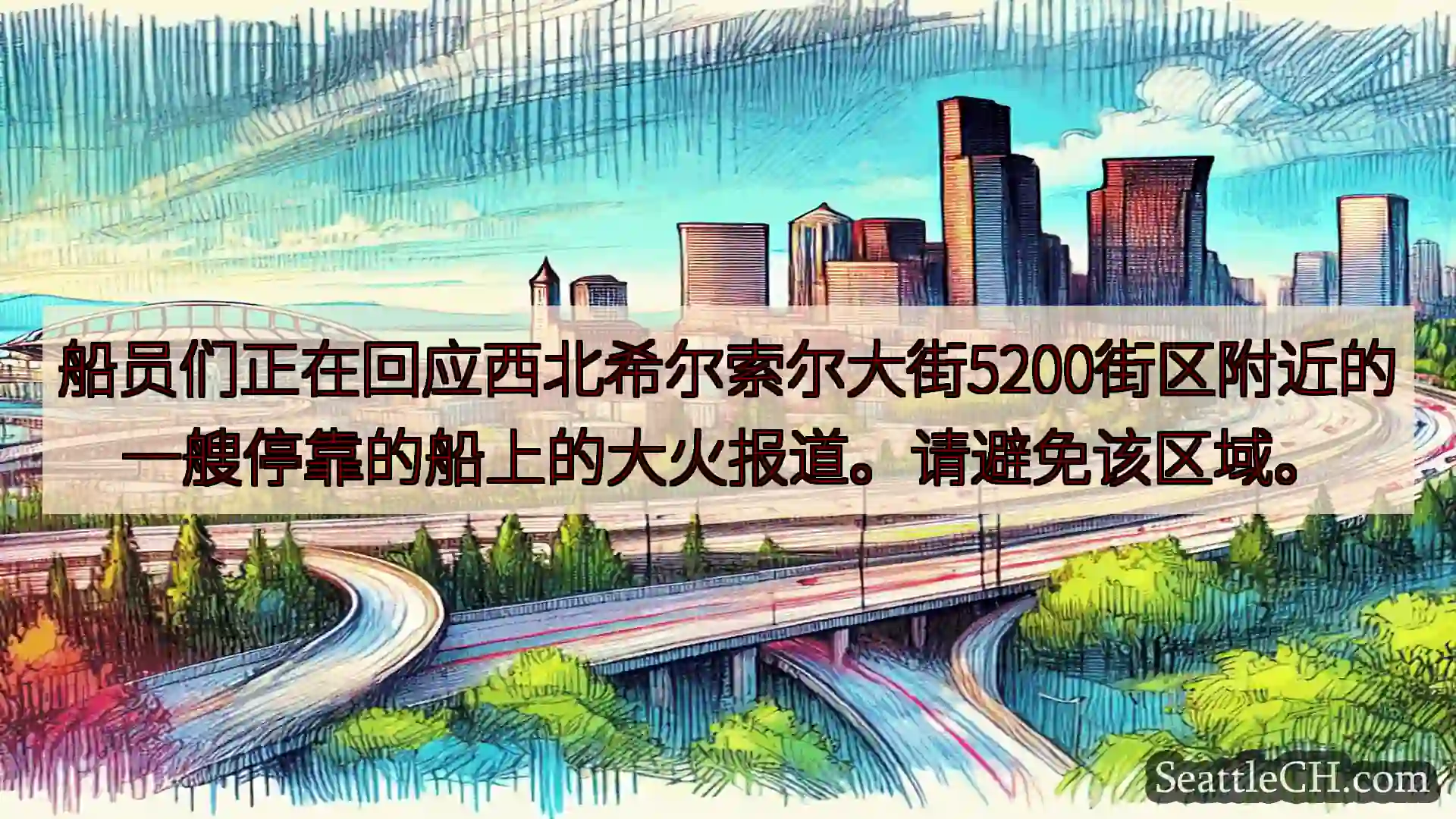 西雅图交通新闻 船员们正在回应西北希尔索尔大街5200街区附近的一艘停靠的船上的大火报