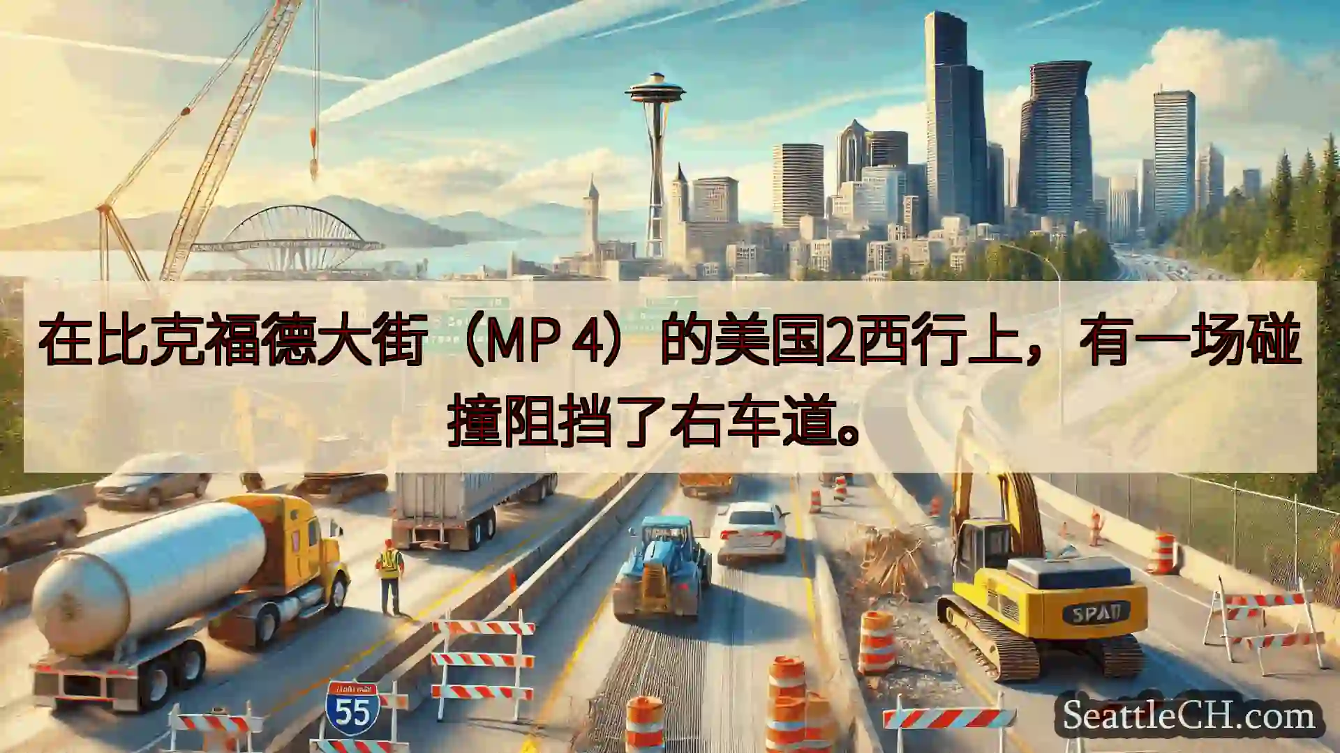 西雅图交通新闻 在比克福德大街（MP 4）的美国2西行上，有一场碰撞阻挡了右车道。