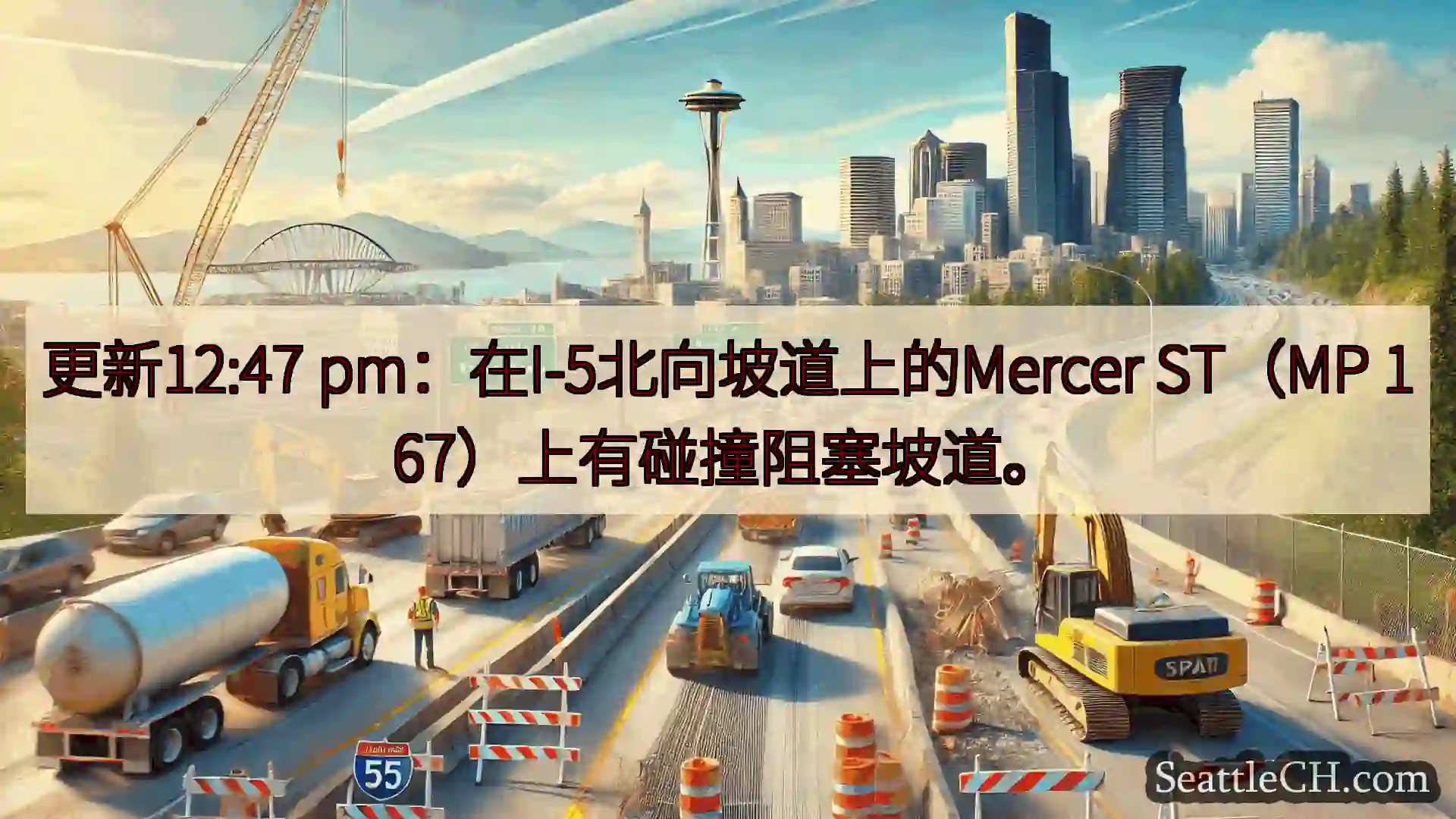 西雅图交通新闻 更新12:47 pm：在I-5北向坡道上的Mercer ST（MP