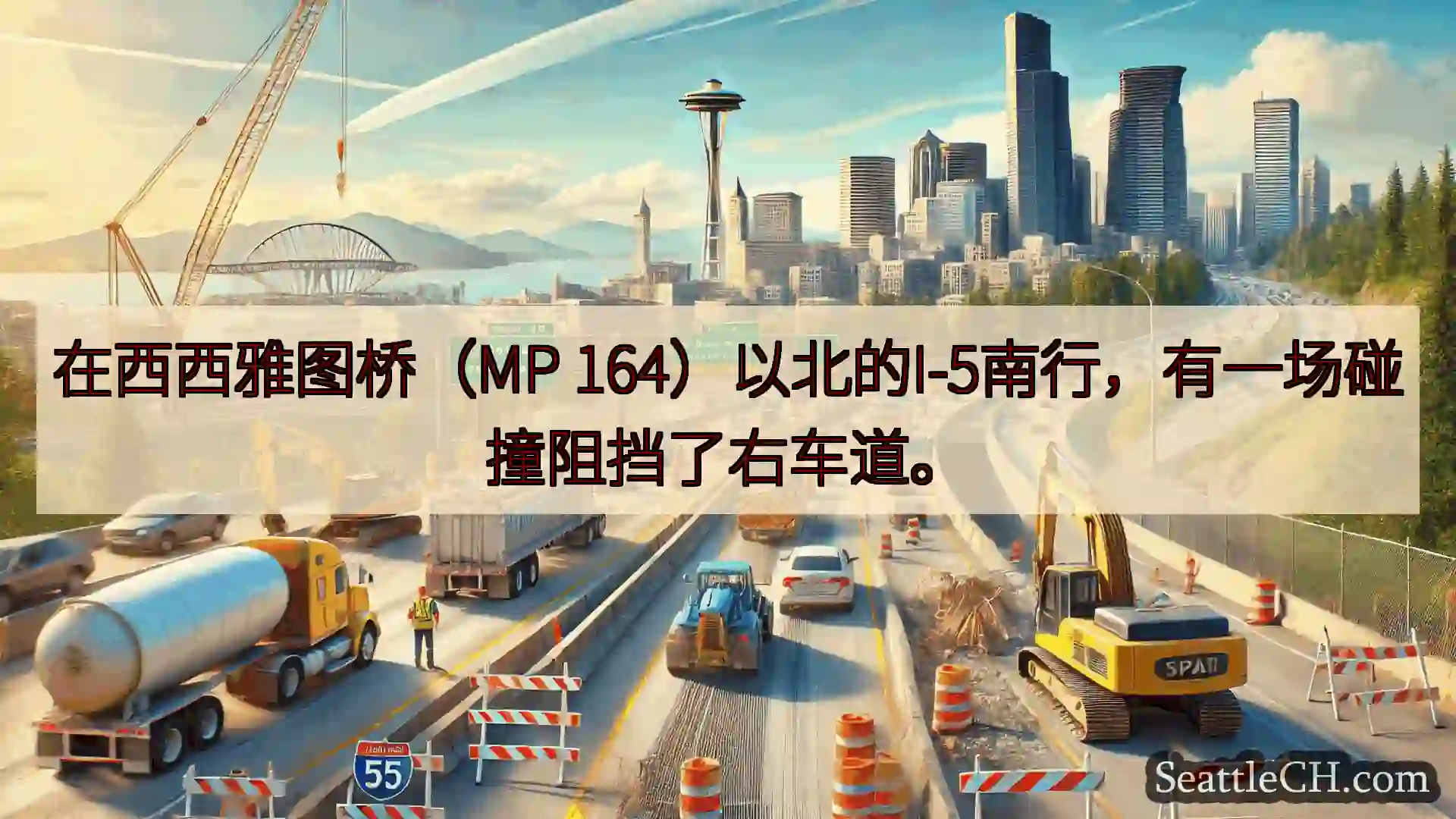 西雅图交通新闻 在西西雅图桥（MP 164）以北的I-5南行，有一场碰撞阻挡了右车道。
