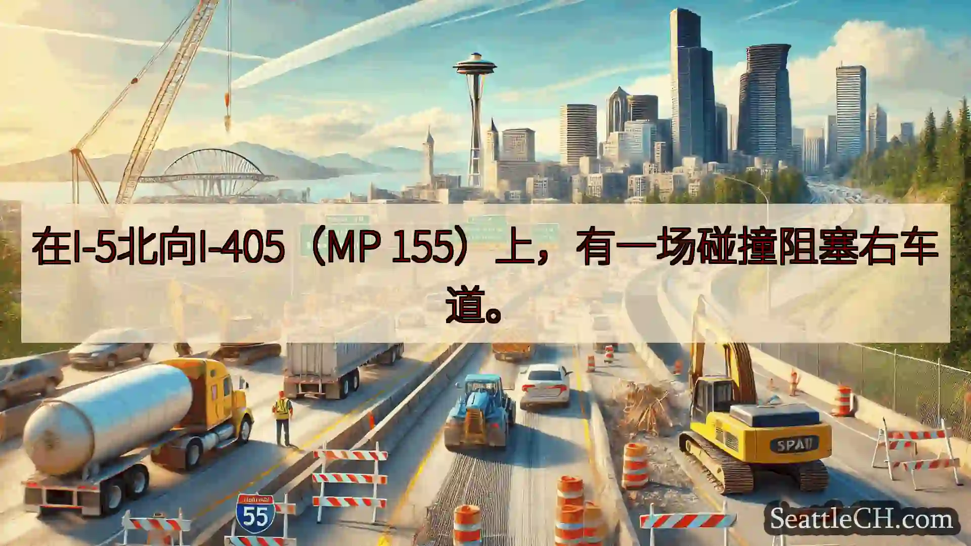 西雅图交通新闻 在I-5北向I-405（MP 155）上，有一场碰撞阻塞右车道。
