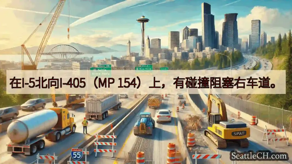 西雅图交通新闻 在I-5北向I-405（MP 154）上，有碰撞阻塞右车道。