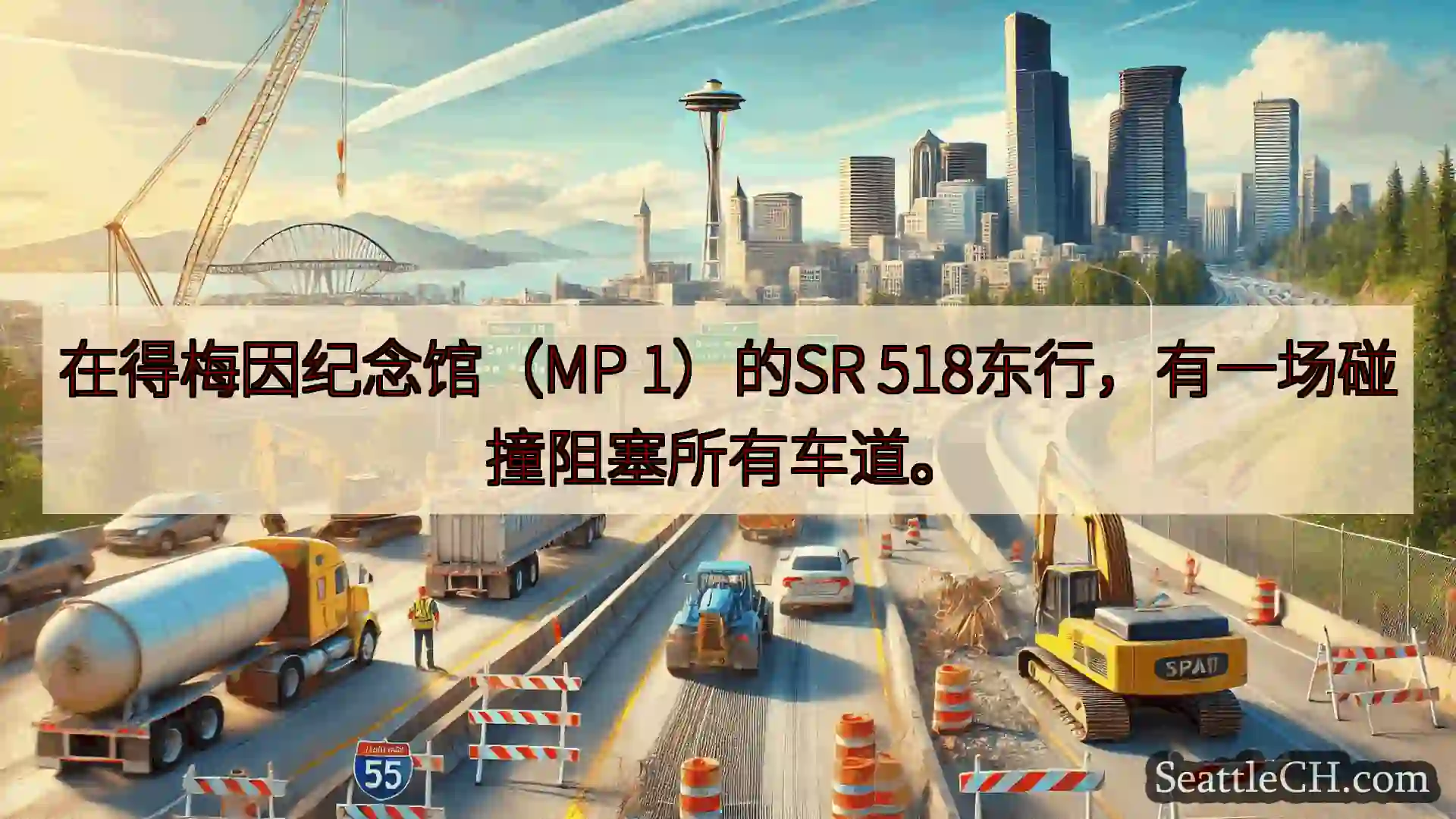 西雅图交通新闻 在得梅因纪念馆（MP 1）的SR 518东行，有一场碰撞阻塞所有车道。