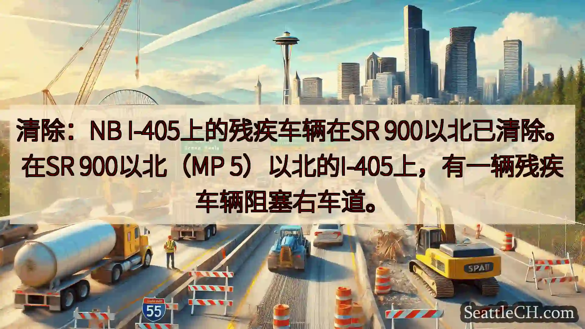 西雅图交通新闻 清除：NB I-405上的残疾车辆在SR 900以北已清除。在SR