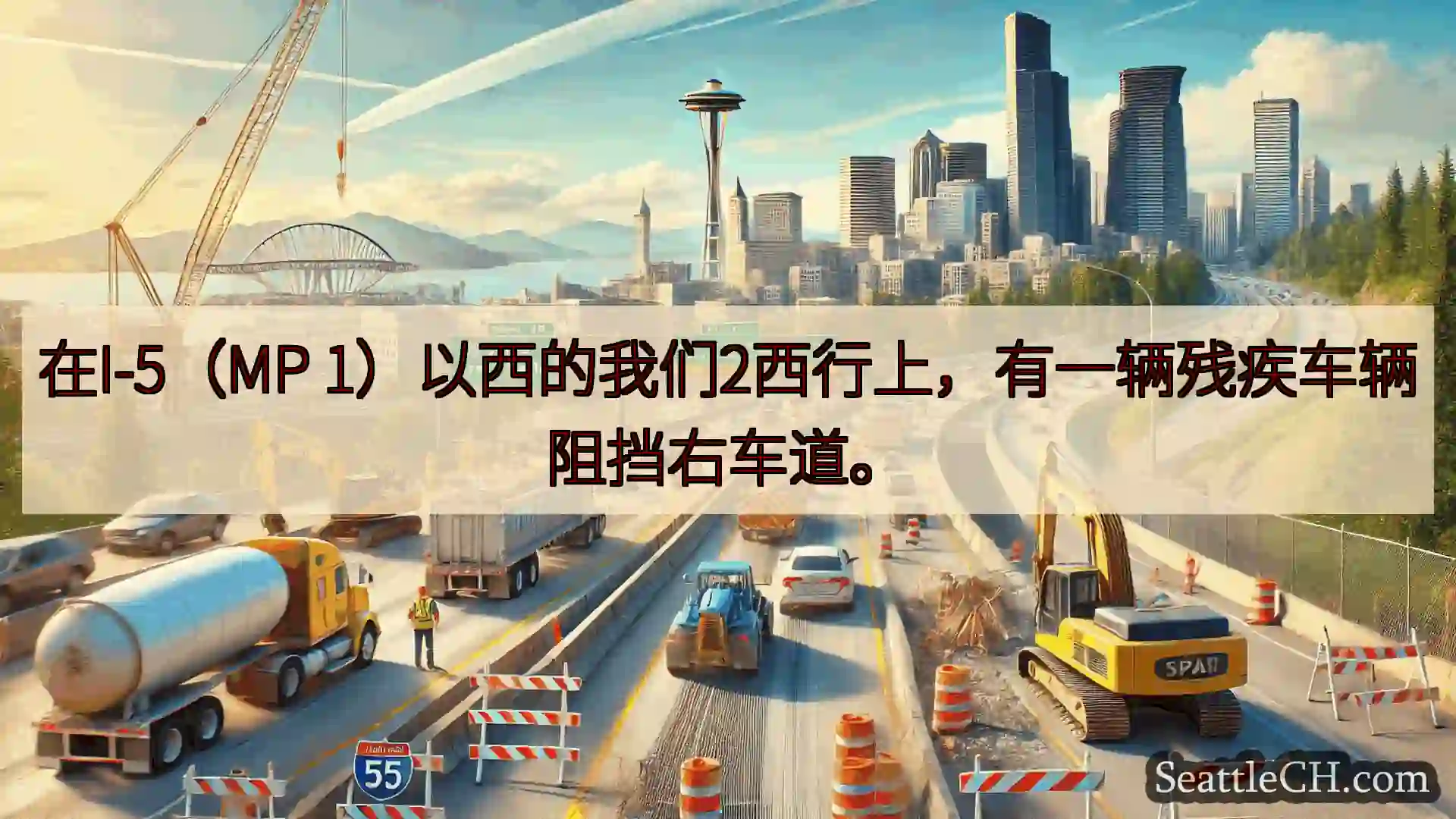 西雅图交通新闻 在I-5（MP 1）以西的我们2西行上，有一辆残疾车辆阻挡右车道。