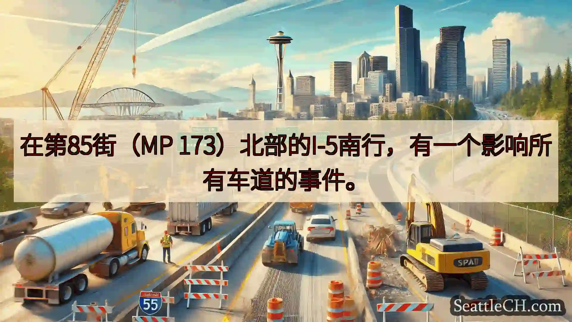 西雅图交通新闻 在第85街（MP 173）北部的I-5南行，有一个影响所有车道的事件。
