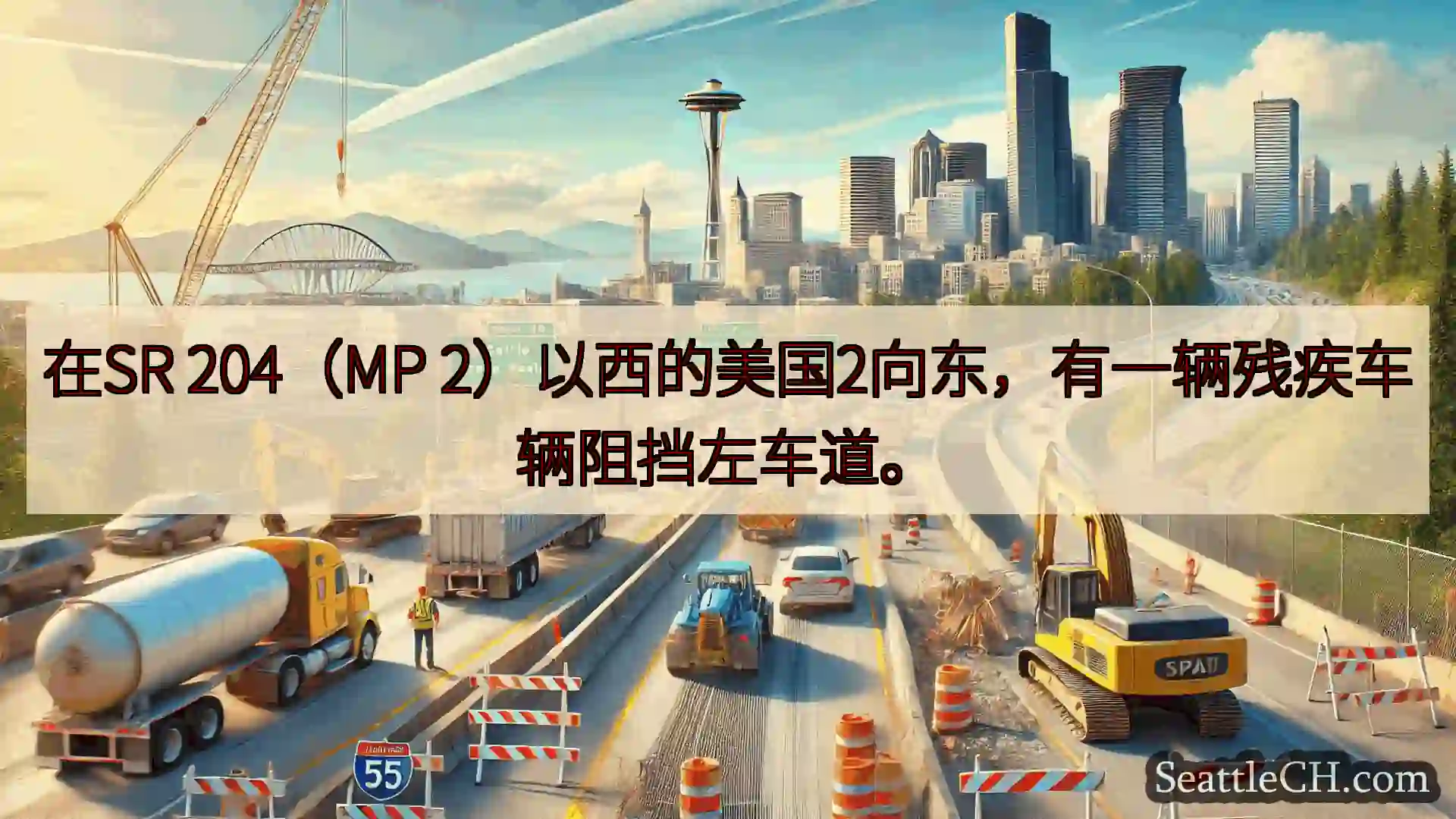 西雅图交通新闻 在SR 204（MP 2）以西的美国2向东，有一辆残疾车辆阻挡左车道。