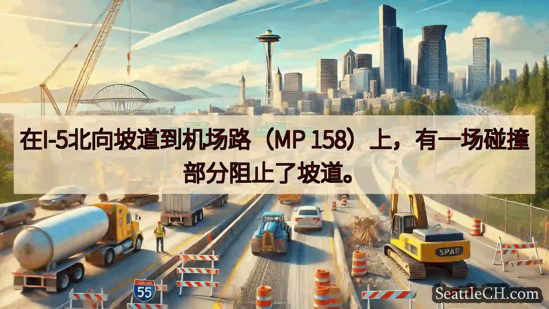 西雅图交通新闻 在I-5北向坡道到机场路（MP 158）上，有一场碰撞部分阻止了坡道。