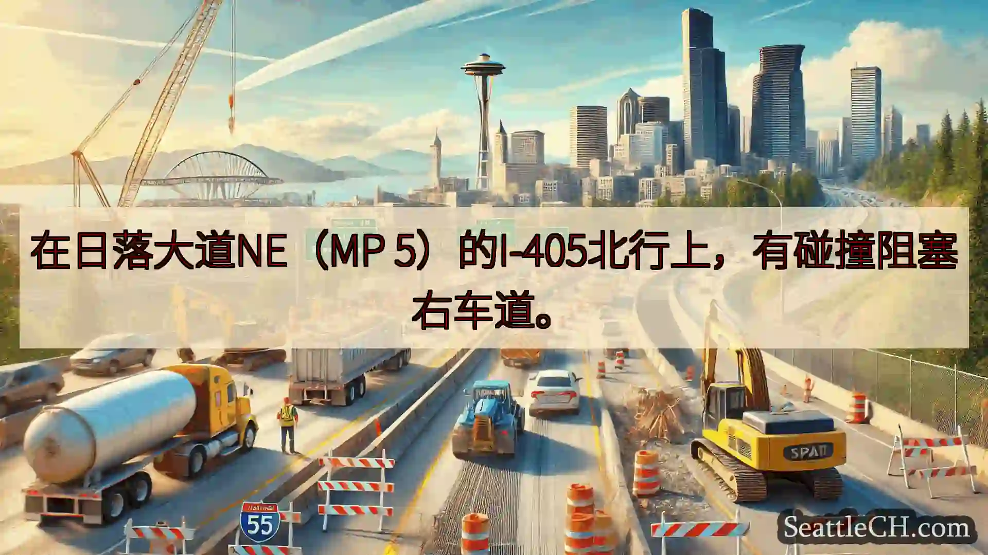 西雅图交通新闻 在日落大道NE（MP 5）的I-405北行上，有碰撞阻塞右车道。