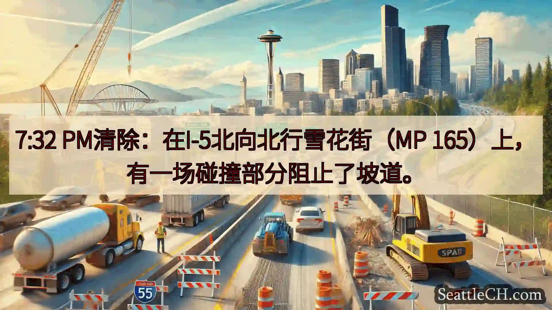 西雅图交通新闻 7:32 PM清除：在I-5北向北行雪花街（MP