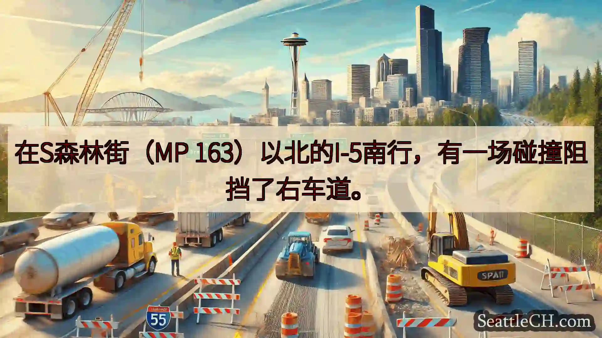 西雅图交通新闻 在S森林街（MP 163）以北的I-5南行，有一场碰撞阻挡了右车道。