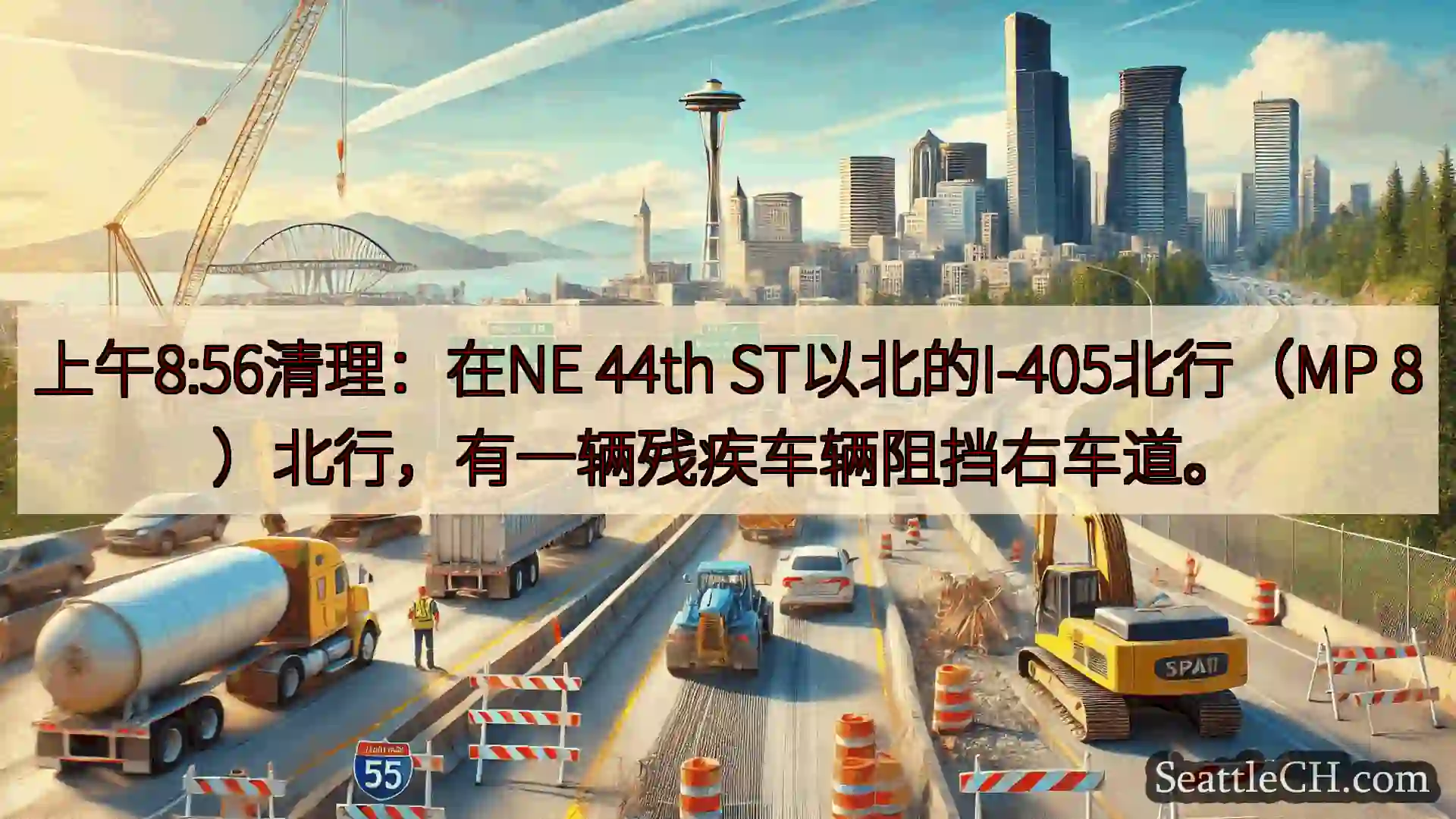 西雅图交通新闻 上午8:56清理：在NE 44th ST以北的I-405北行（MP