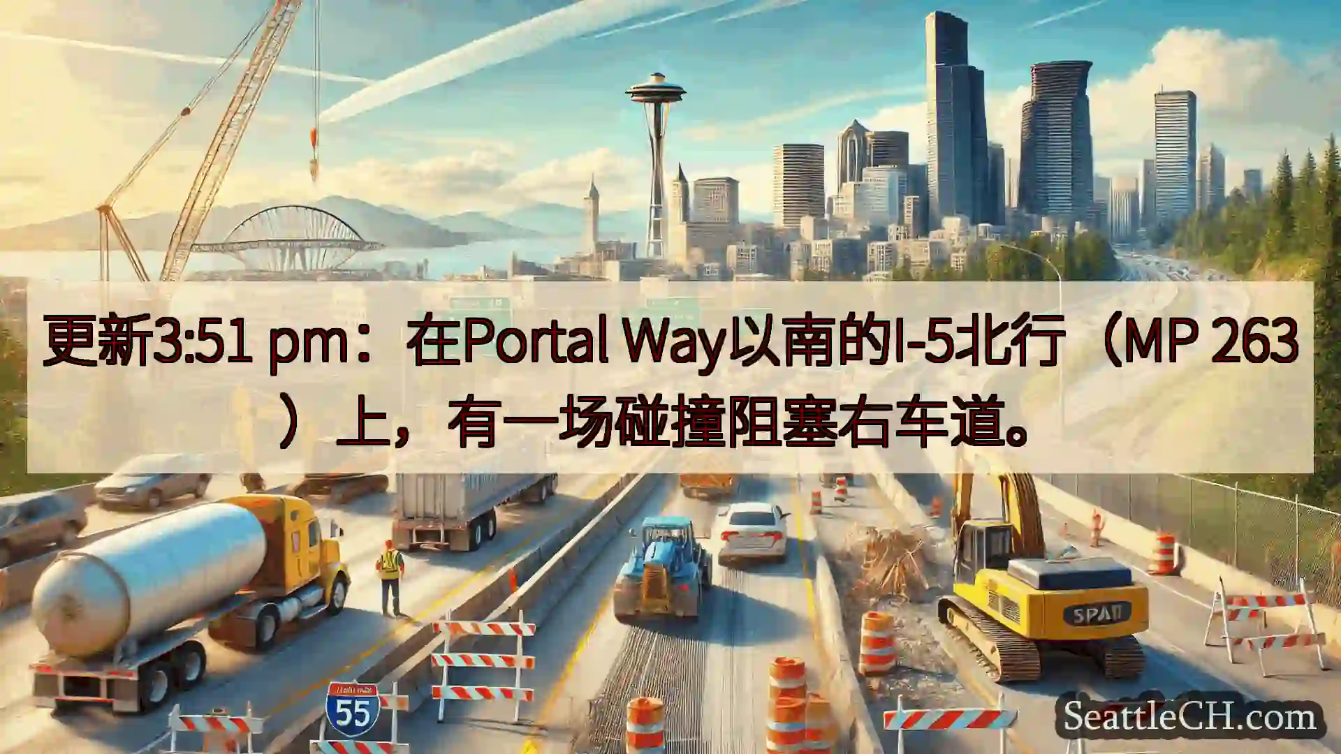 西雅图交通新闻 更新3:51 pm：在Portal Way以南的I-5北行（MP